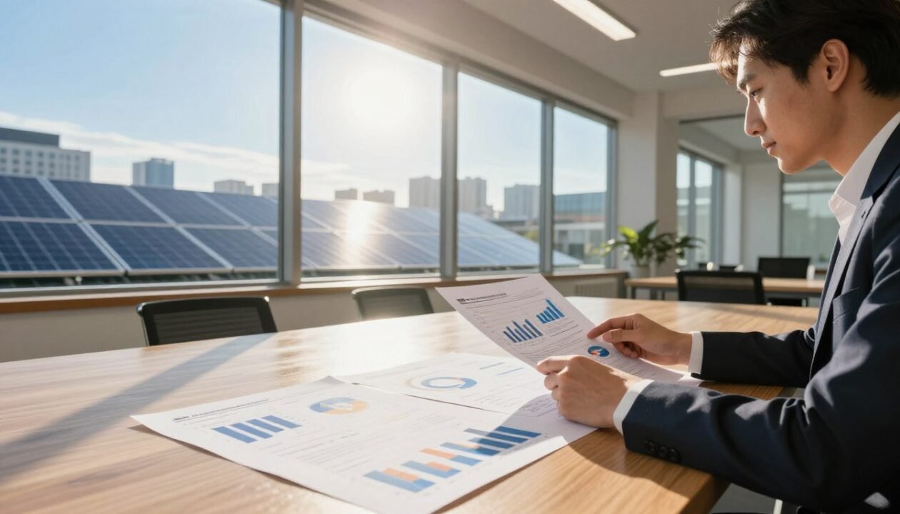 A modern office setting with a large wooden table in the foreground, covered with charts and graphs related to solar panel profitability. A person in professional business attire examines a detailed analysis report, looking thoughtful and engaged. In the middle, a bright sun shines through a large window, casting natural light on the room, while solar panels are visible on the roof outside. The background features a cityscape with a clear blue sky, symbolizing renewable energy and sustainability. The mood is focused and optimistic, conveying the idea of financial investment in solar energy. Capture this scene with warm lighting and a wide-angle lens for a spacious and inviting feel. A modern office setting with a large wooden table in the foreground, covered with charts and graphs related to solar panel profitability. A person in professional business attire examines a detailed analysis report, looking thoughtful and engaged. In the middle, a bright sun shines through a large window, casting natural light on the room, while solar panels are visible on the roof outside. The background features a cityscape with a clear blue sky, symbolizing renewable energy and sustainability. The mood is focused and optimistic, conveying the idea of financial investment in solar energy. Capture this scene with warm lighting and a wide-angle lens for a spacious and inviting feel.