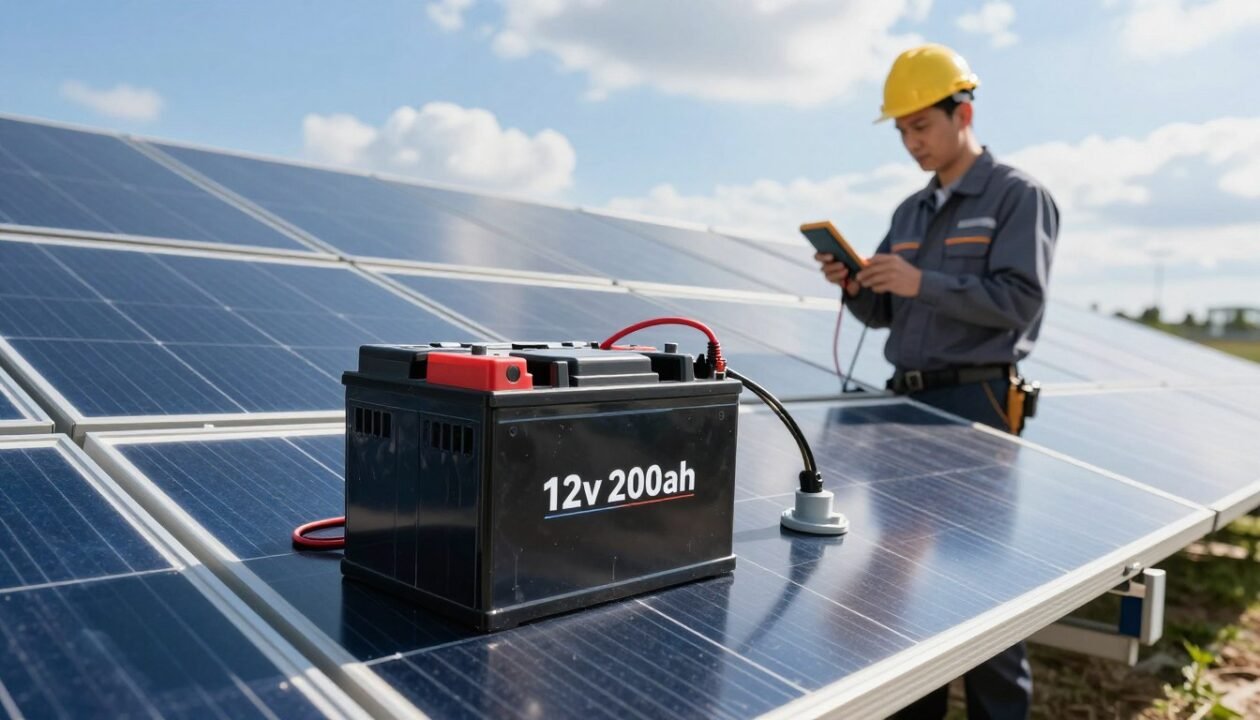 A modern solar panel installation prominently featured in the foreground, showcasing various types of batteries being charged, specifically highlighting a 12v 200ah battery. The solar panel, sleek and shiny, captures sunlight, reflecting intricate details like cell patterns and mounting hardware. In the middle ground, a technician dressed in professional business attire inspects the system, using a multimeter to measure voltage output, illustrating the adaptation of solar power to battery specifications. The background displays a clear blue sky with scattered clouds, evoking a bright and optimistic atmosphere. The scene is illuminated by natural sunlight, casting soft shadows and creating a vibrant, energetic mood, emphasizing the importance of matching solar panel power to battery type.