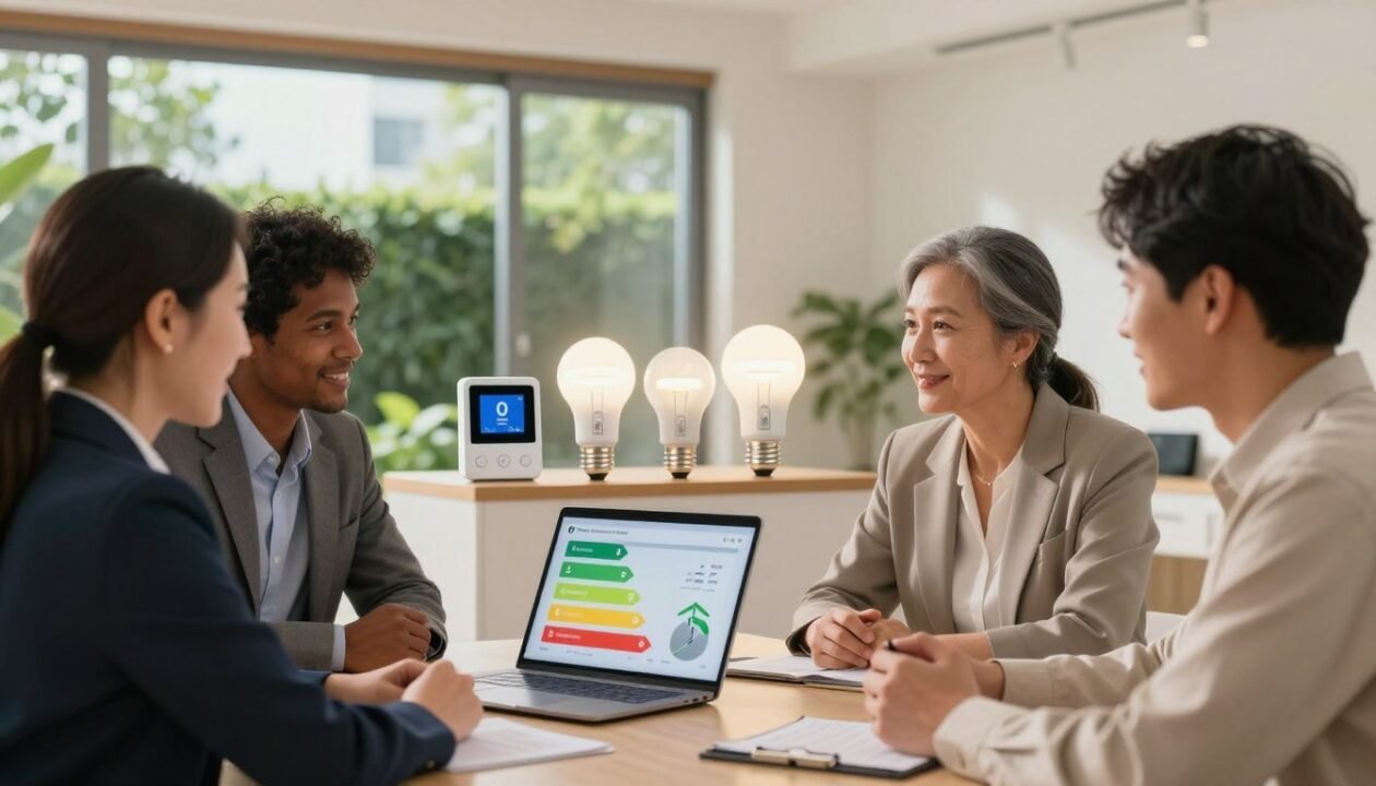 A modern, well-lit home interior focused on energy-saving actions. In the foreground, a diverse group of three adults, two men and one woman, dressed in professional business attire, are engaged in a brainstorming session around a table. They are reviewing energy efficiency tips, with a laptop displaying charts about electricity savings. In the middle ground, there are energy-efficient appliances like a smart thermostat and LED light bulbs prominently displayed. The background features large windows with natural light streaming in, showing a green garden outside, symbolizing sustainability. The atmosphere is collaborative and positive, suggesting the proactive steps one can take to reduce electricity bills. Soft, warm lighting enhances the inviting feel of the space. A modern, well-lit home interior focused on energy-saving actions. In the foreground, a diverse group of three adults, two men and one woman, dressed in professional business attire, are engaged in a brainstorming session around a table. They are reviewing energy efficiency tips, with a laptop displaying charts about electricity savings. In the middle ground, there are energy-efficient appliances like a smart thermostat and LED light bulbs prominently displayed. The background features large windows with natural light streaming in, showing a green garden outside, symbolizing sustainability. The atmosphere is collaborative and positive, suggesting the proactive steps one can take to reduce electricity bills. Soft, warm lighting enhances the inviting feel of the space.