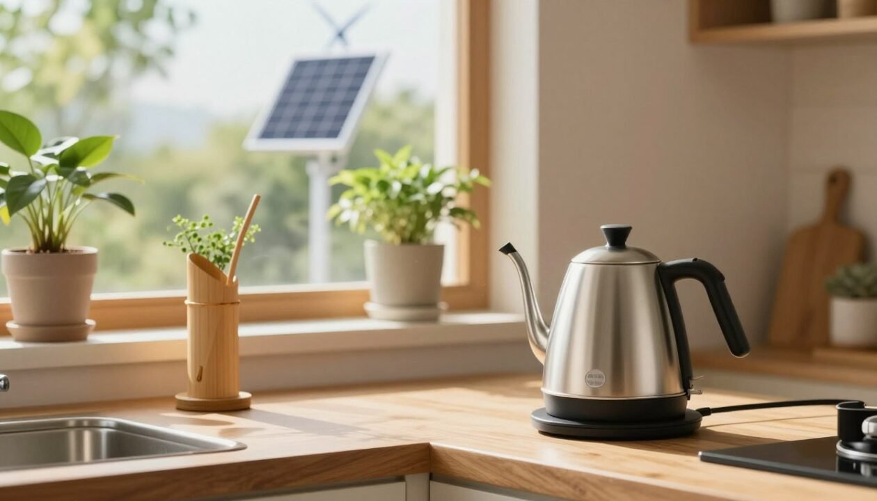 A serene and modern kitchen setting, showcasing eco-friendly water heating methods. In the foreground, a sleek, energy-efficient kettle or solar water heater sits on a wooden countertop, demonstrating sustainable energy use. In the middle ground, sunlight streams through a large window, illuminating potted plants and a bamboo water holder, emphasizing a connection to nature. The background features soft, inviting colors, hinting at additional renewable energy sources like a small wind turbine or solar panels outside. The overall atmosphere is calming and harmonious, representing a green lifestyle. The image should be well-lit, capturing the essence of ecological living, with a focus on warmth and sustainability. No text or branding elements should be included.