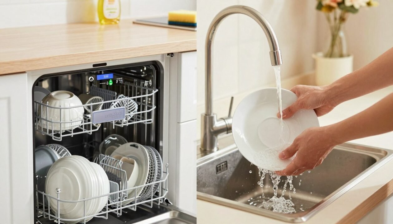 A split-screen image contrasting the energy and cost of using a dishwasher versus hand washing dishes. In the foreground, on one side, a modern dishwasher is shown with a bright, clean aesthetic, energy consumption data displayed aesthetically on its digital screen, and reflections of sparkling clean dishes inside. The other side depicts a person washing dishes by hand in a cozy kitchen, with warm lighting highlighting the water waste, and hand soap bubbles. The background features kitchen elements like a sink and drying rack, with a soft focus on supportive objects like dish soap and sponges. The atmosphere should feel informed and balanced, visually illustrating the economic comparison of the two methods, encouraging thought on energy efficiency.