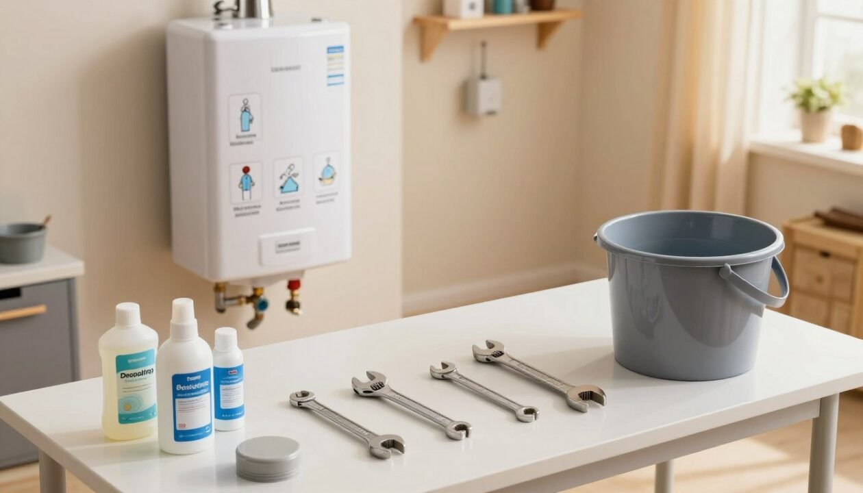 A step-by-step guide visualizing the process of descaling a water heater, featuring a well-organized toolkit on a clean and spacious workbench. In the foreground, various tools such as a wrench, a bucket, and descaling solution bottles are neatly arranged. The middle ground showcases a standard water heater with visible access points and clear step labels illustrated on the body, demonstrating the descaling procedure. In the background, a bright and well-lit garage or utility room is depicted, with warm, inviting ambient lighting illuminating the workspace. The atmosphere feels practical and instructional, conveying a sense of DIY empowerment. The angle is slightly overhead, providing a comprehensive view of the setup and tools in action, emphasizing clarity and ease of understanding for the viewer.