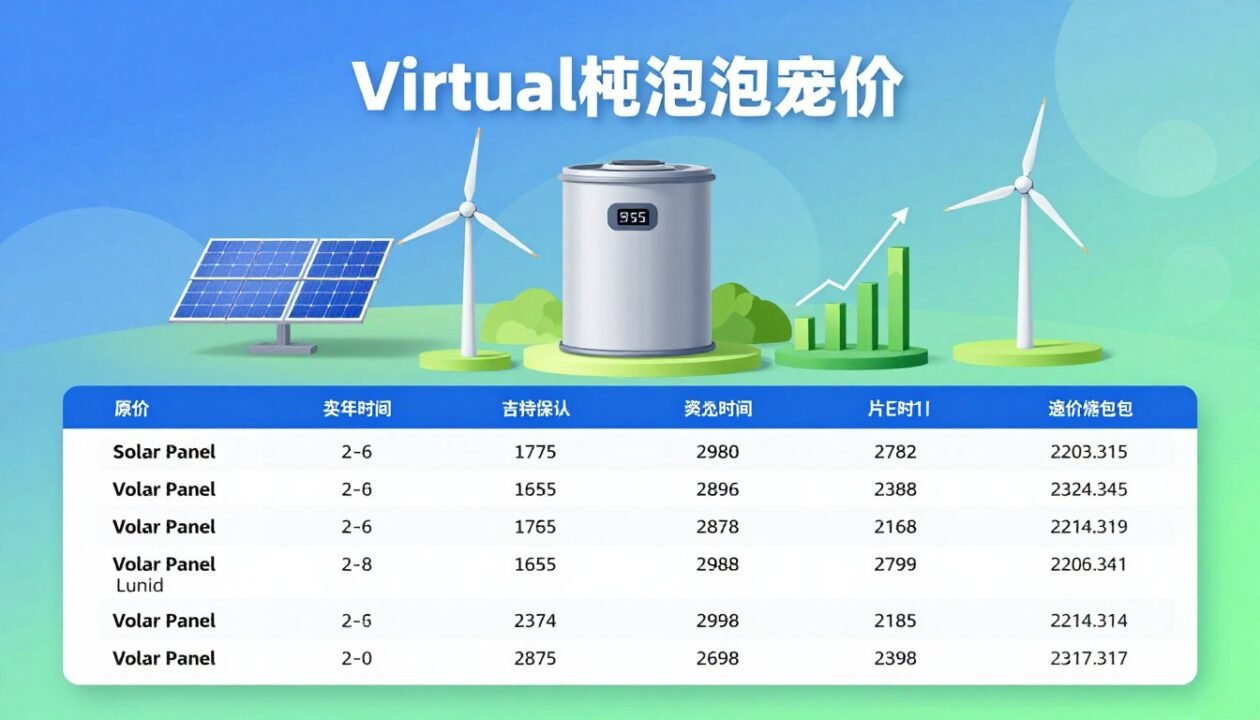 A visually engaging infographic showcasing a comparative table of virtual battery prices, set against a sleek, modern backdrop. In the foreground, a clear and organized table presents various virtual battery solutions with price tiers, subscription options, and conditions. The middle ground features stylized icons representing renewable energy sources like solar panels, wind turbines, and energy savings graphs. The background is a soft gradient of blue and green, evoking a sense of innovation and sustainability. Soft, ambient lighting highlights the key elements of the table, enhancing legibility and focus. The atmosphere is professional and informative, perfect for illustrating a section on solar panel virtual batteries. No text or logos are included, maintaining a clean and modern design.