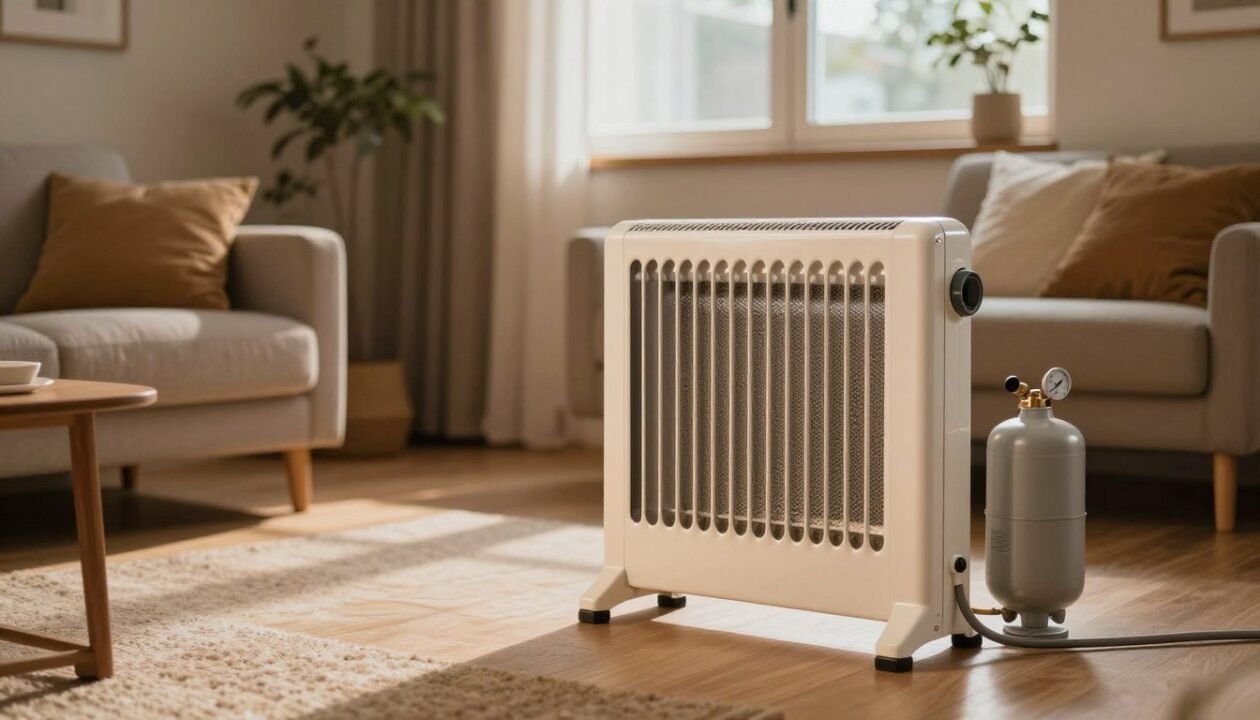 A warm, inviting room featuring a gas heater prominently in the foreground, surrounded by comfortable seating and household décor. The gas heater, sleek and modern, is depicted with a small tank beside it, displaying details like a pressure gauge and a visible connection to the gas line. In the middle ground, a cozy atmosphere is achieved with soft lighting that highlights the heater while casting gentle shadows across the room. The background shows a window with light filtering through, suggesting a chilly day outside, enhancing the contrast between the interior warmth and exterior cold. This image evokes a sense of comfort and efficiency, reflecting the topic of energy costs and sustainability in home heating.
