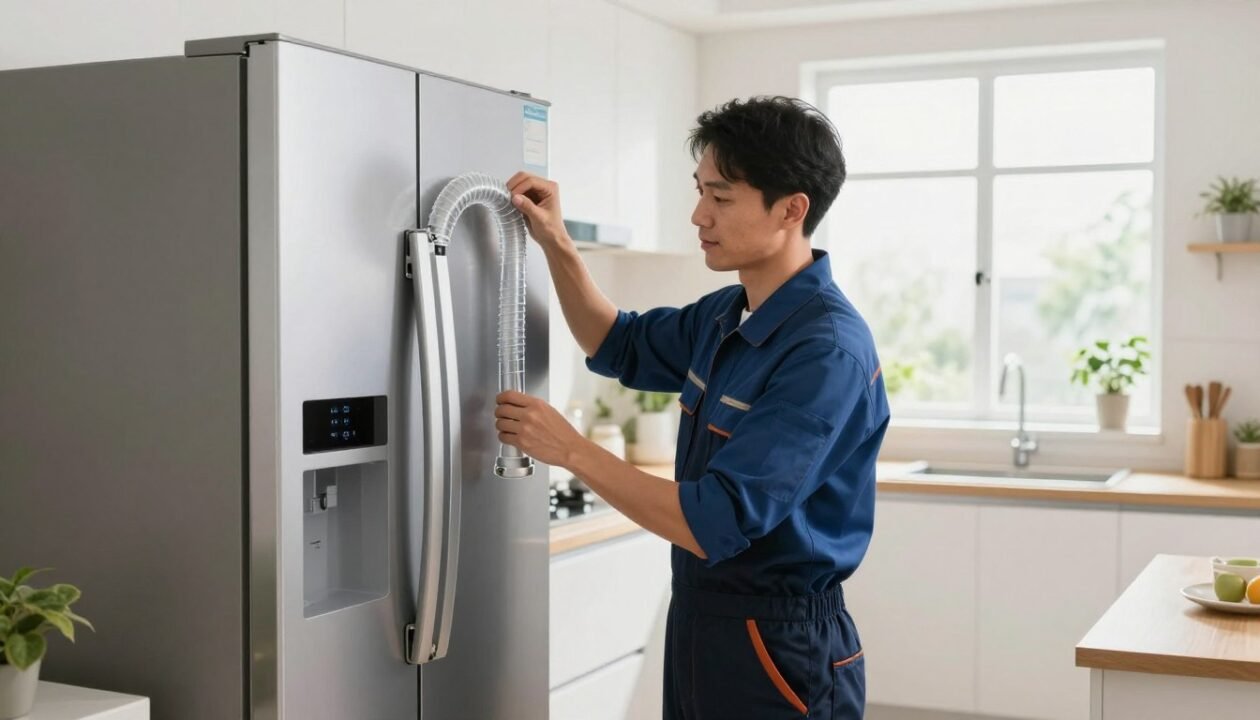 A well-organized kitchen scene showcasing the installation of a refrigerator with proper ventilation. In the foreground, a modern refrigerator featuring clear ventilation ducts. In the middle ground, a professional technician in a neat work uniform is carefully adjusting the ventilation system, illustrating proper configuration. The background includes a bright, airy kitchen with large windows allowing natural light to fill the space, creating an inviting and efficient atmosphere. The room is adorned with plants and minimalistic decor to emphasize a clean, functional environment. The overall mood is informative and professional, focused on energy efficiency and proper installation techniques. The lighting highlights the sleek design of the refrigerator and the technician's actions without any distractions.