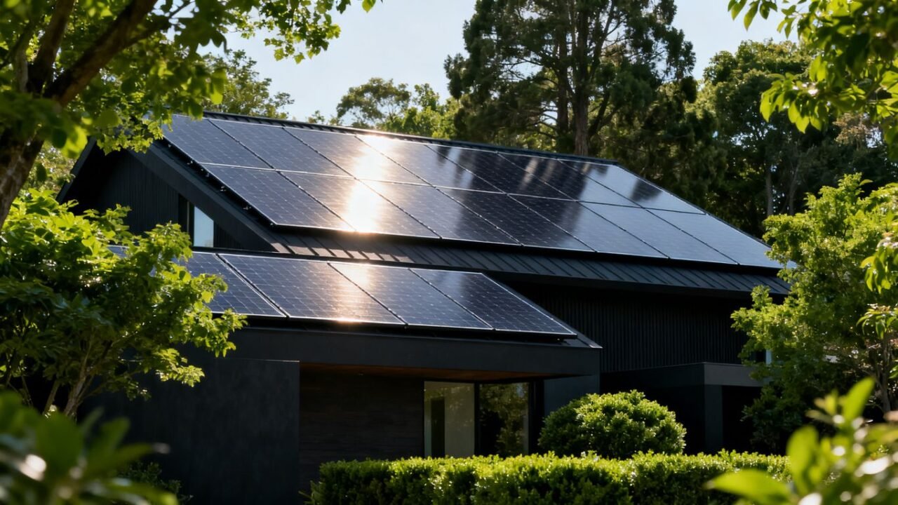 Maison avec un toit solaire moderne sous le soleil.