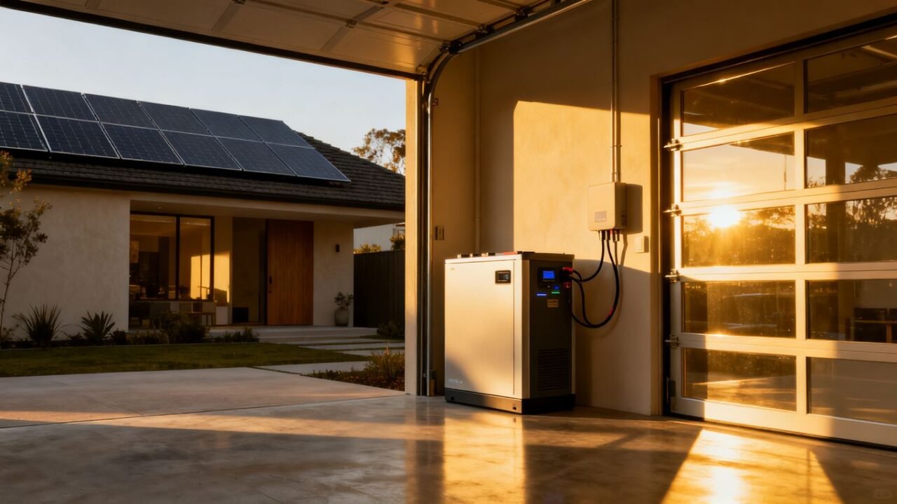 Huis met zonnepanelen en energieopslageenheid.