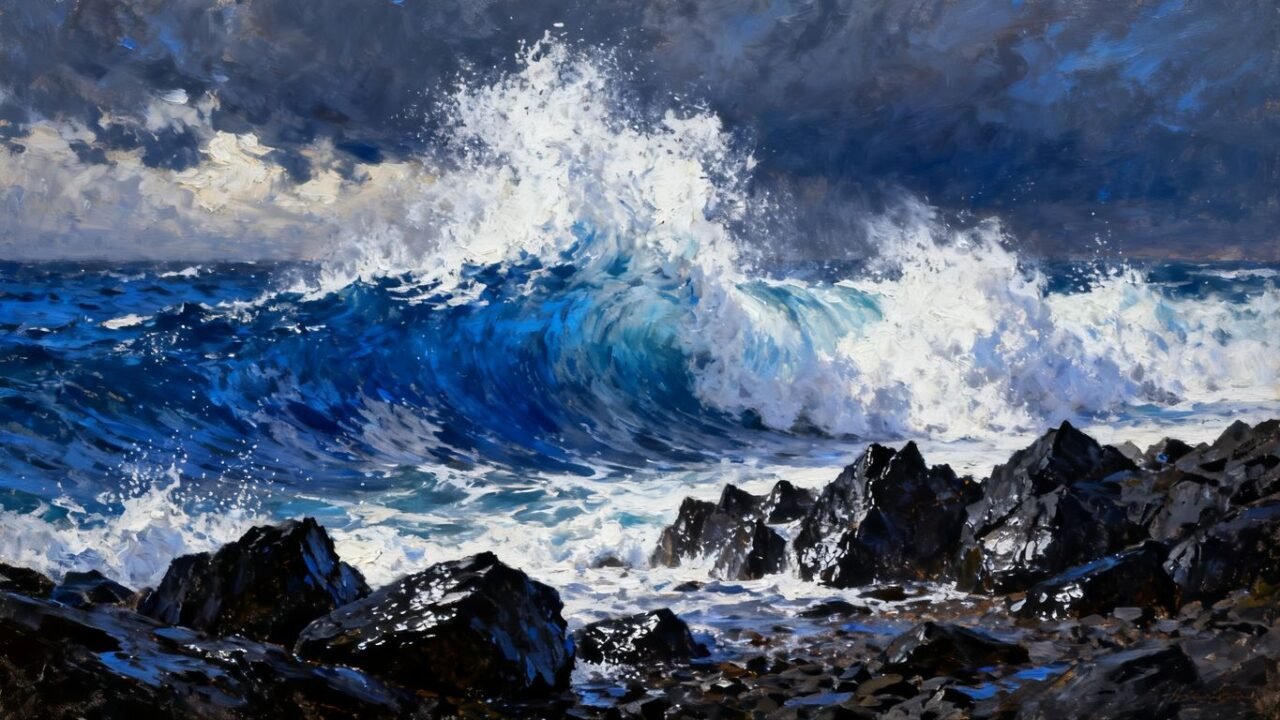 Vaga poderosa estrellándose contra rocas escarpadas.