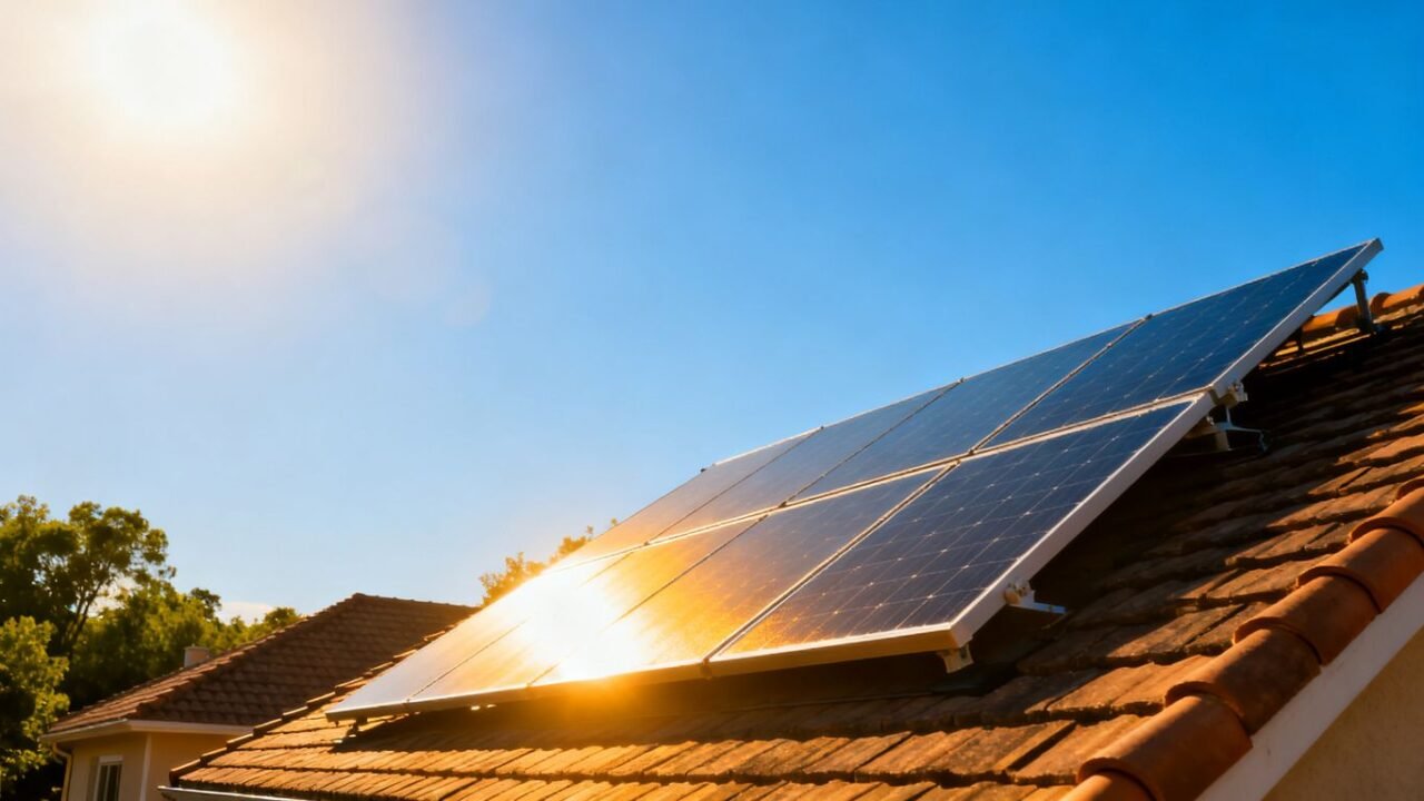 Tetto con pannelli solari fotovoltaici sotto il sole.