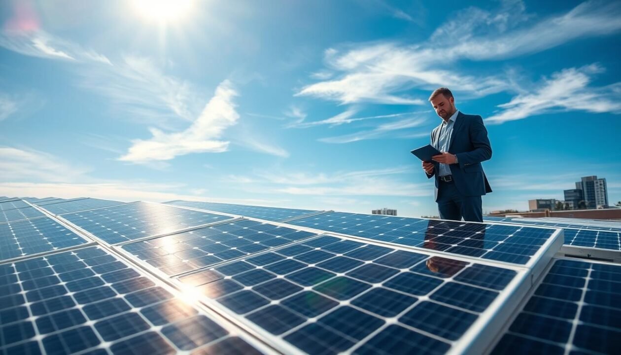 A bright, sunlit landscape showcasing a solar power installation on a modern building rooftop. In the foreground, detailed solar panels glisten under the sun, arranged in a precise layout to optimize sunlight capture. In the middle ground, an engineer in professional business attire examines a solar panel, using a tablet to analyze data. The background features blue skies with wispy clouds, adding to the sense of a clear, sunny day. The scene conveys a sense of innovation and sustainability. The lighting is bright and natural, emphasizing the efficiency of solar energy. A wide-angle view captures the expansive potential of solar energy in urban settings, creating a hopeful and forward-thinking atmosphere.