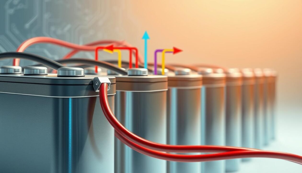 A detailed illustration of battery wiring in series, showcasing multiple batteries connected with thick, insulated wires. In the foreground, focus on the positive and negative terminals of the batteries, clearly labeled for clarity. The middle layer features the wiring diagram, with vibrant colors indicating the flow of electricity, using arrows to guide the viewer's understanding. In the background, a soft gradient emphasizes the technical nature of the image, with faint circuit board patterns to add context without distraction. The lighting should be bright yet soft, enhancing the metallic sheen of the batteries. The angle is slightly tilted to give a dynamic perspective, creating an engaging atmosphere that invites the viewer to explore the connections. No text, labels, or logos should be present in the image. A detailed illustration of battery wiring in series, showcasing multiple batteries connected with thick, insulated wires. In the foreground, focus on the positive and negative terminals of the batteries, clearly labeled for clarity. The middle layer features the wiring diagram, with vibrant colors indicating the flow of electricity, using arrows to guide the viewer's understanding. In the background, a soft gradient emphasizes the technical nature of the image, with faint circuit board patterns to add context without distraction. The lighting should be bright yet soft, enhancing the metallic sheen of the batteries. The angle is slightly tilted to give a dynamic perspective, creating an engaging atmosphere that invites the viewer to explore the connections. No text, labels, or logos should be present in the image.