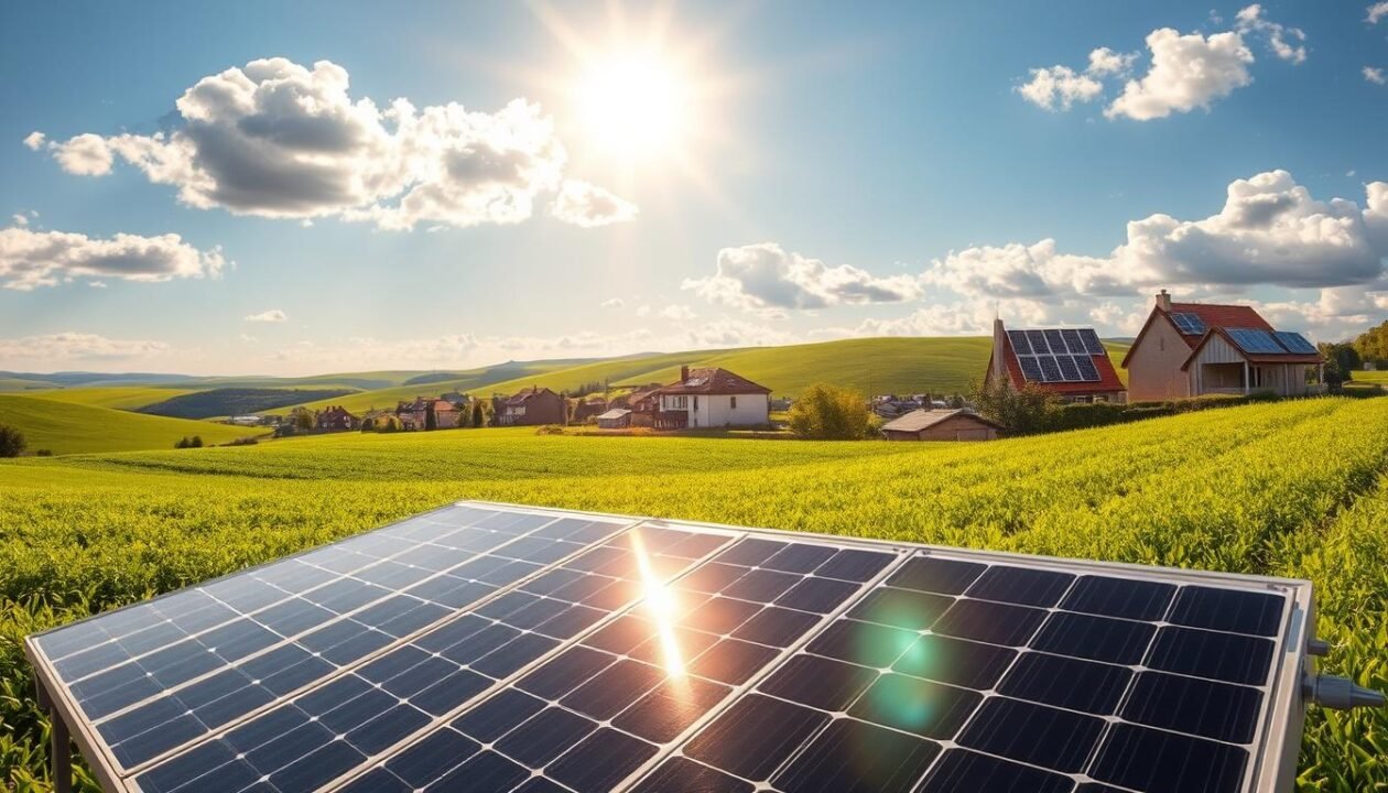 A detailed illustration showcasing the solar potential in France, focusing on solar panels in a picturesque, sunlit French landscape. In the foreground, display a modern FusionSolar system with sleek solar panels glistening under bright sunlight, surrounded by lush green fields. In the middle, depict a variety of solar technologies integrated into residential and commercial buildings, emphasizing their efficiency and modern design. The background features rolling hills and a clear blue sky filled with gentle clouds, symbolizing optimal solar conditions. The atmosphere is warm and inviting, conveying a sense of innovation and sustainability in renewable energy. Utilize soft, natural lighting to enhance the serene and optimistic mood, with a slight emphasis on the technology used in solar energy systems.