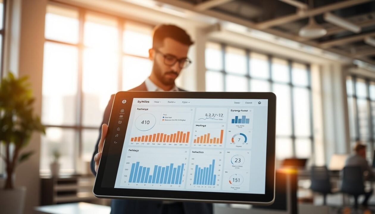 A modern dashboard interface representing the S-Miles Cloud platform for monitoring and managing Hoymiles micro-inverters. In the foreground, include a sleek, digital tablet displaying real-time data insights, featuring graphs, metrics, and visualizations of energy production. The middle layer should showcase a contemporary office environment with a professional in smart casual attire, actively analyzing the data on the tablet. The background features large windows with a bright, sunny day, allowing natural light to illuminate the space, emphasizing a clean and efficient atmosphere. Use a shallow depth of field for the tablet to enhance focus, with soft, warm lighting that conveys a productive and innovative mood. A modern dashboard interface representing the S-Miles Cloud platform for monitoring and managing Hoymiles micro-inverters. In the foreground, include a sleek, digital tablet displaying real-time data insights, featuring graphs, metrics, and visualizations of energy production. The middle layer should showcase a contemporary office environment with a professional in smart casual attire, actively analyzing the data on the tablet. The background features large windows with a bright, sunny day, allowing natural light to illuminate the space, emphasizing a clean and efficient atmosphere. Use a shallow depth of field for the tablet to enhance focus, with soft, warm lighting that conveys a productive and innovative mood.