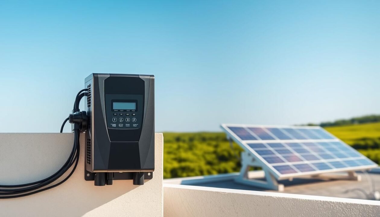 A modern solar inverter placed prominently in the foreground, showcasing its sleek, compact design and digital display. The inverter is mounted on a light-colored wall, surrounded by neatly organized cables that lead to solar panels visible in the middle ground. The solar panels are positioned at an angle on a rooftop, glistening under a clear blue sky with soft, natural sunlight illuminating the scene. In the background, a vibrant green landscape adds a sense of environmental harmony. The overall mood of the image is professional and technological, emphasizing innovation in renewable energy. The composition should be well-balanced, using a slightly elevated angle to capture both the inverter and the solar panels effectively, without any text or distractions.
