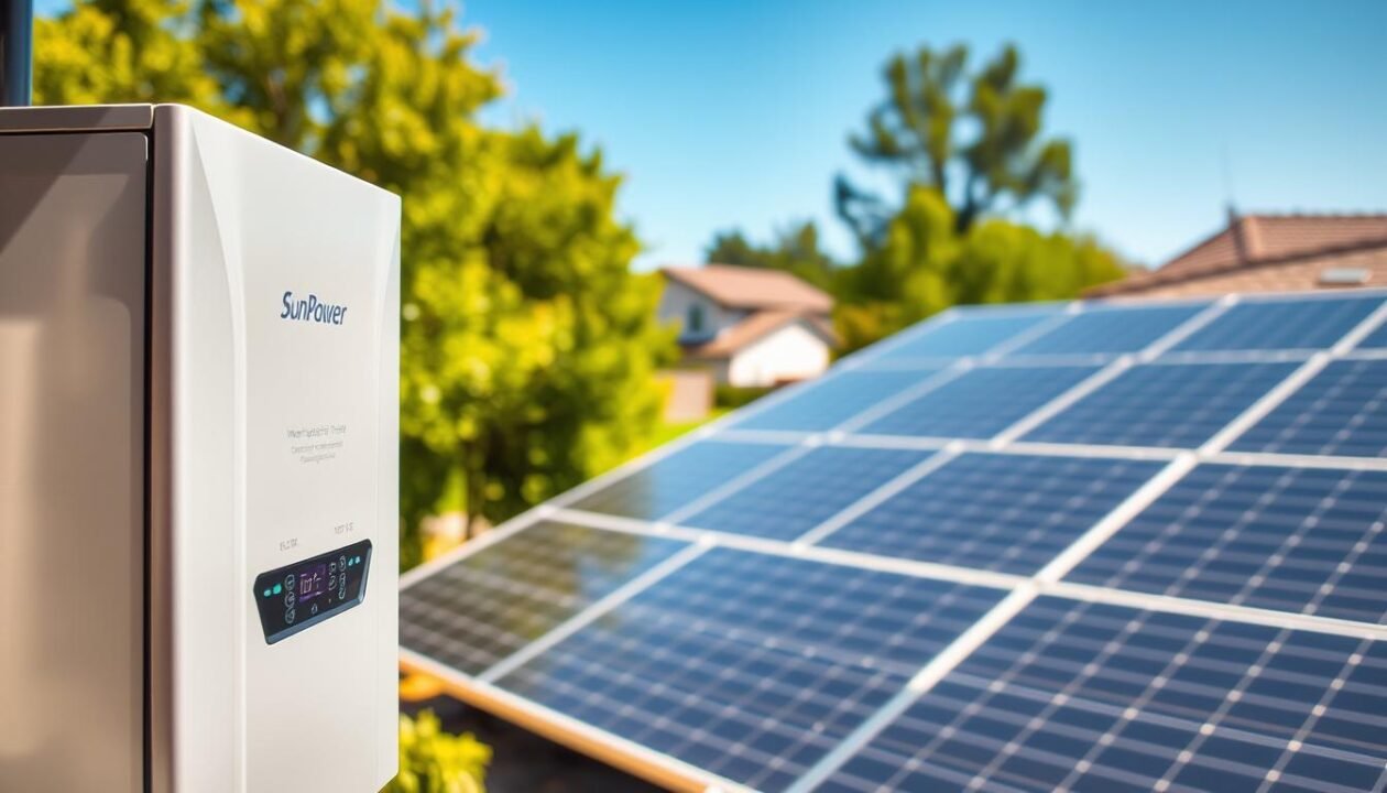 A clean, modern installation showcasing SunPower-compatible solar inverters prominently in the foreground. The inverters are sleek, with a polished silver finish and clear markings, demonstrating technical sophistication. In the middle ground, a well-lit array of SunPower solar panels glistens under a bright blue sky, capturing the sun’s rays effectively. The background features a residential neighborhood, with green trees and a sunny atmosphere, conveying a sense of eco-friendliness and energy efficiency. Soft, natural lighting illuminates the scene, creating a warm and inviting mood. The camera angle is slightly elevated, allowing for an expansive view of the solar installation while emphasizing the reliability and performance of SunPower technology. No text, logos, or human subjects are present. A clean, modern installation showcasing SunPower-compatible solar inverters prominently in the foreground. The inverters are sleek, with a polished silver finish and clear markings, demonstrating technical sophistication. In the middle ground, a well-lit array of SunPower solar panels glistens under a bright blue sky, capturing the sun’s rays effectively. The background features a residential neighborhood, with green trees and a sunny atmosphere, conveying a sense of eco-friendliness and energy efficiency. Soft, natural lighting illuminates the scene, creating a warm and inviting mood. The camera angle is slightly elevated, allowing for an expansive view of the solar installation while emphasizing the reliability and performance of SunPower technology. No text, logos, or human subjects are present.