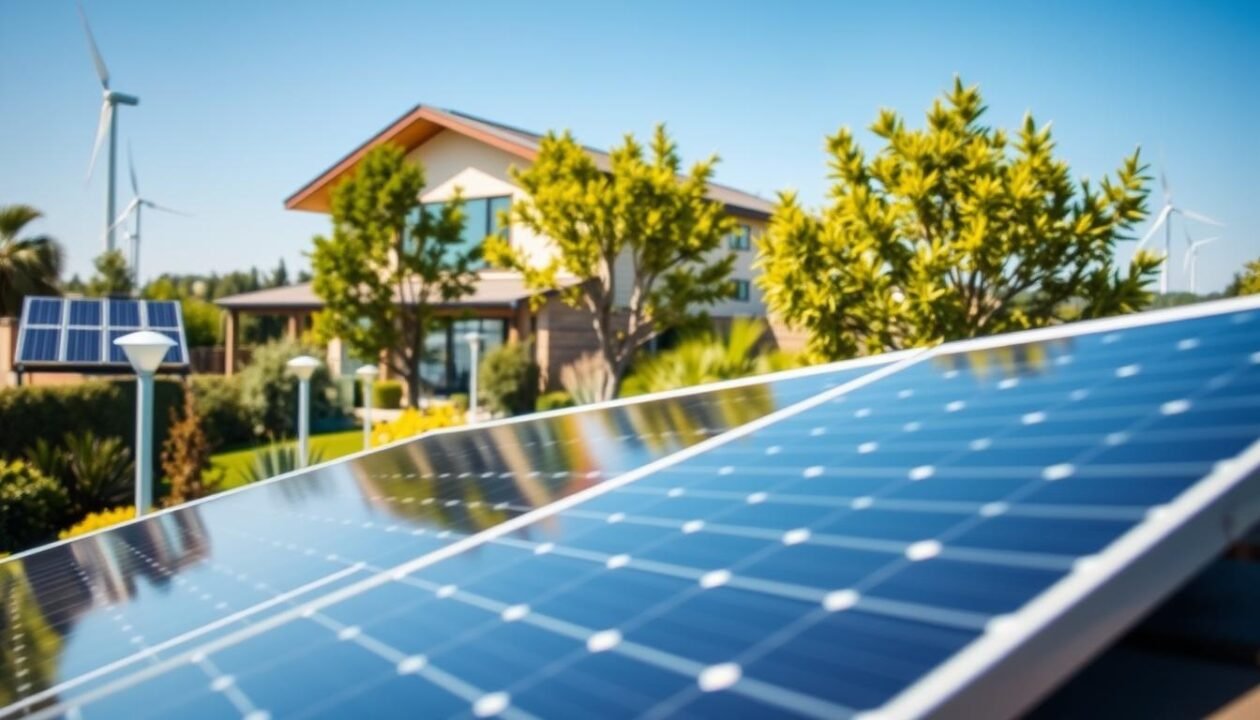 A clear and bright outdoor scene showcasing Systovi solar panels installed on a modern, eco-friendly home roof. In the foreground, the panels reflect sunlight, exhibiting their sleek design and efficient features. The middle ground features a well-maintained garden with solar-powered lighting installations, emphasizing sustainability. In the background, a clear blue sky enhances the ambiance, with a hint of distant renewable energy wind turbines. The composition should evoke a sense of innovation and reliability, underscored by natural lighting to highlight the technological aspects of Systovi's solar solutions. The atmosphere should feel optimistic and forward-thinking, aligning with themes of energy efficiency and modern living. A clear and bright outdoor scene showcasing Systovi solar panels installed on a modern, eco-friendly home roof. In the foreground, the panels reflect sunlight, exhibiting their sleek design and efficient features. The middle ground features a well-maintained garden with solar-powered lighting installations, emphasizing sustainability. In the background, a clear blue sky enhances the ambiance, with a hint of distant renewable energy wind turbines. The composition should evoke a sense of innovation and reliability, underscored by natural lighting to highlight the technological aspects of Systovi's solar solutions. The atmosphere should feel optimistic and forward-thinking, aligning with themes of energy efficiency and modern living.