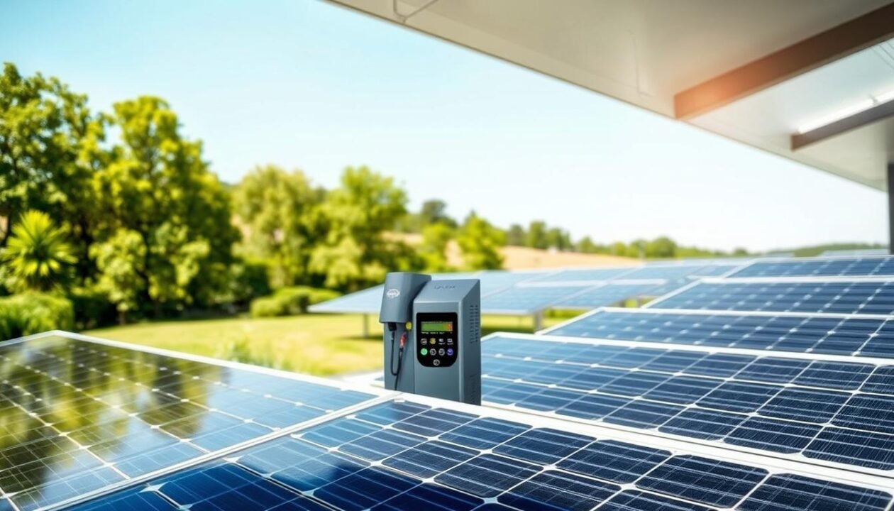 A high-performance solar inverter prominently displayed in a modern, eco-friendly setting. In the foreground, the inverter features a sleek design with a digital interface, connected to solar panels glistening under sunlight. In the middle ground, a lush landscape with green trees and grass contrasts with a clear blue sky, emphasizing the environmental benefits. The background includes a subtle hint of a solar farm, showcasing rows of solar panels stretching towards the horizon. The lighting is bright and natural, casting soft shadows that create an inviting atmosphere. The mood reflects innovation and sustainability, embodying the importance of choosing a durable and efficient solar inverter.