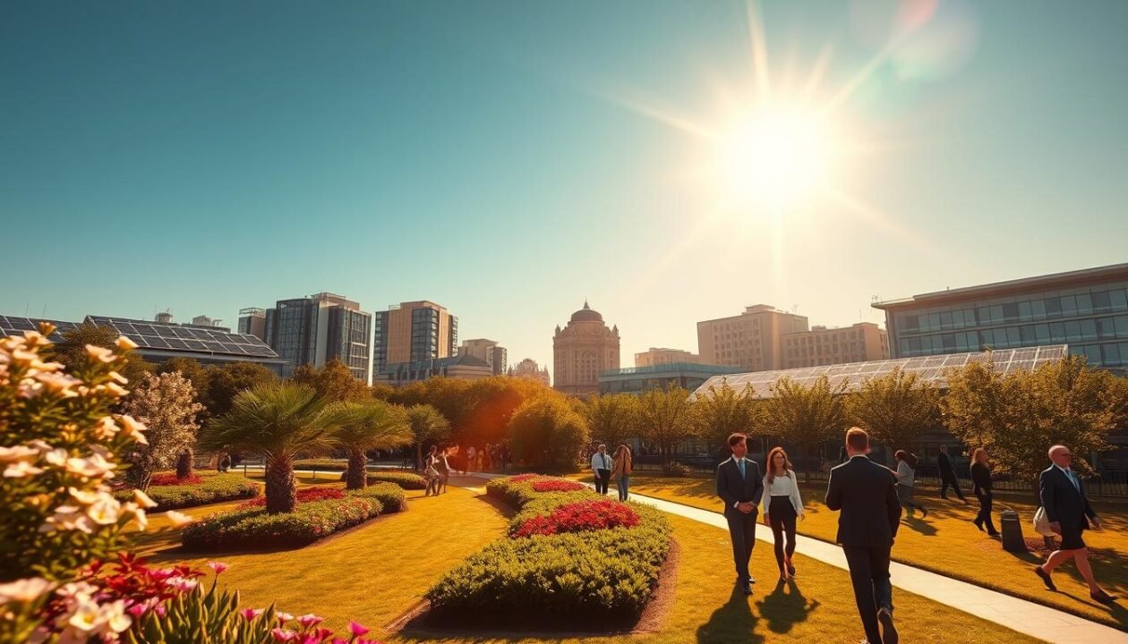 A vibrant, sunlit scene showcasing a beautiful, sunny cityscape in France, highlighting its solar potential. In the foreground, lush green parks with blooming flowers, well-maintained pathways, and people enjoying the sunny weather in professional business attire. The middle ground features modern buildings with solar panels glistening in the sunlight, emphasizing the city's commitment to renewable energy. The background displays a clear blue sky with a radiant sun casting golden rays, enhancing the atmosphere of warmth and vitality. Soft shadows stretch across the scene, creating depth and dimension. The image captures the essence of a sunny, optimistic future, perfect for illustrating the advantages of solar power in urban environments.