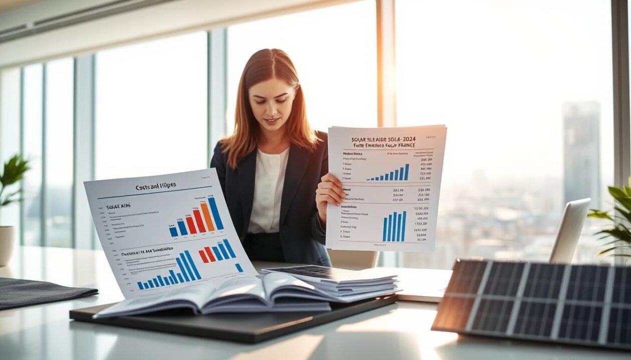 A visually impactful scene showcasing the costs and financial aids for solar tiles in France, set in a clean, modern office environment. In the foreground, a professional-looking businesswoman examines a detailed financial report featuring graphs and charts related to solar tile subsidies and costs. The middle ground displays a sleek desk with financial documents, a laptop, and a model of solar tiles. In the background, large windows reveal a bright, sunlit view of a cityscape, symbolizing sustainability and innovation. Soft, natural lighting enhances a sense of hope and opportunity. The scene conveys a professional, informative mood, focused on financial planning for solar energy solutions in the years 2024 to 2026. A visually impactful scene showcasing the costs and financial aids for solar tiles in France, set in a clean, modern office environment. In the foreground, a professional-looking businesswoman examines a detailed financial report featuring graphs and charts related to solar tile subsidies and costs. The middle ground displays a sleek desk with financial documents, a laptop, and a model of solar tiles. In the background, large windows reveal a bright, sunlit view of a cityscape, symbolizing sustainability and innovation. Soft, natural lighting enhances a sense of hope and opportunity. The scene conveys a professional, informative mood, focused on financial planning for solar energy solutions in the years 2024 to 2026.